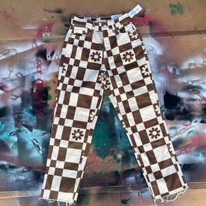 Pacsun Brown and White Checkered Floral Pants
